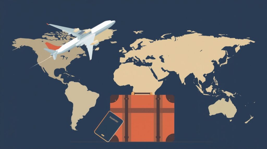 Słówka angielskie podróż – ilustracja samolotu i walizki w stylu minimalistycznym